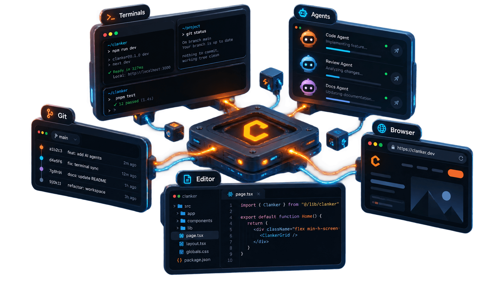 Clanker Grid feature illustration connecting terminals, agents, Git, editor, and browser into a single development loop