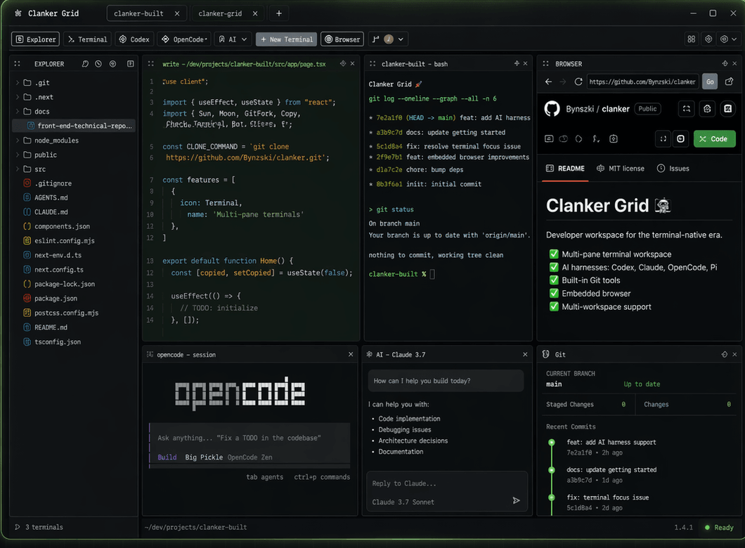 Clanker Grid application showing its file explorer, terminal panes, CodeMirror editor, embedded browser, AI harnesses, and Git panel